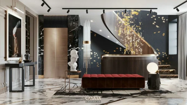 Sảnh đón tiếp sang trọng với nội thất hiện đại, ánh sáng ấm áp.