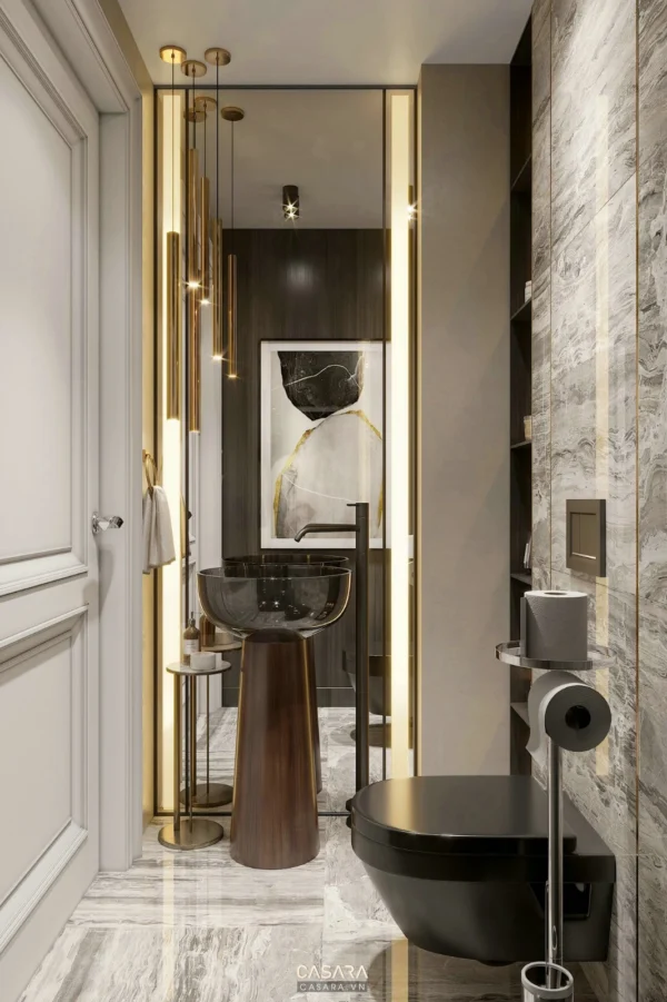 Phòng tắm hiện đại, sang trọng với thiết kế tối giản, tinh tế.