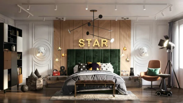 Phòng ngủ hiện đại, ấm cúng với điểm nhấn gỗ và đèn vàng.