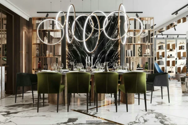 Phòng ăn sang trọng với thiết kế hiện đại, ánh sáng ấn tượng.