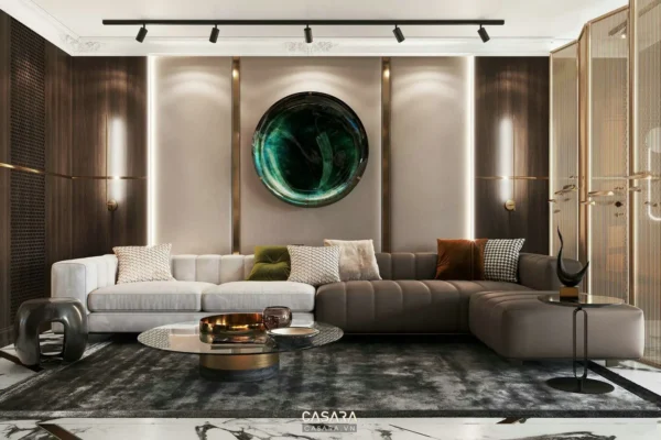 Phòng khách hiện đại, sang trọng với nội thất tinh tế, tông màu trung tính.