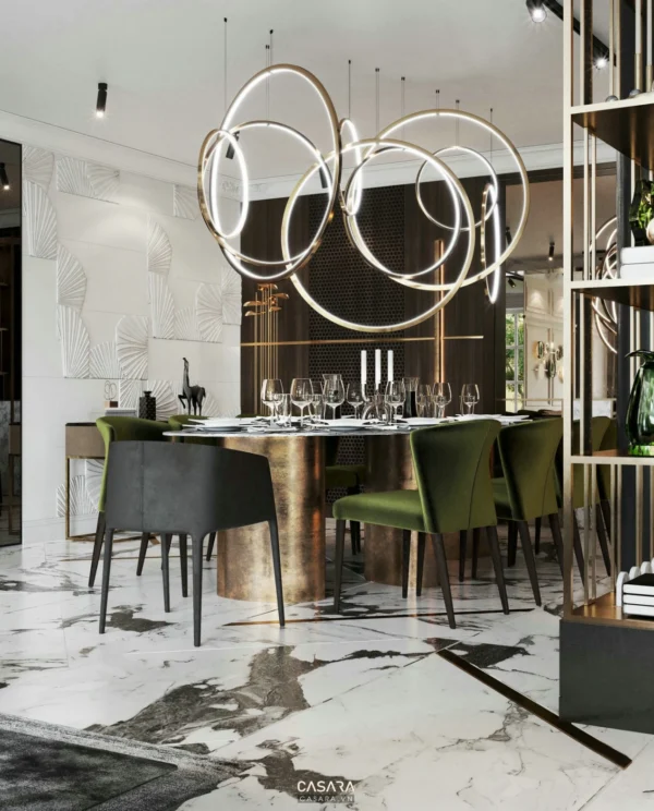 Phòng ăn hiện đại với đèn chùm độc đáo, sang trọng.