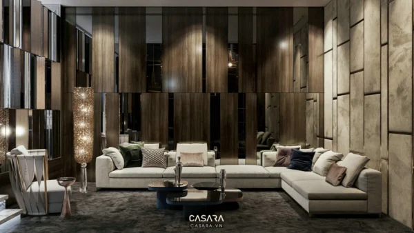 Phòng khách sang trọng với nội thất hiện đại, tông màu trung tính ấm áp.