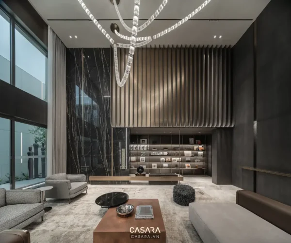 Phòng khách hiện đại, sang trọng với tông màu xám chủ đạo.