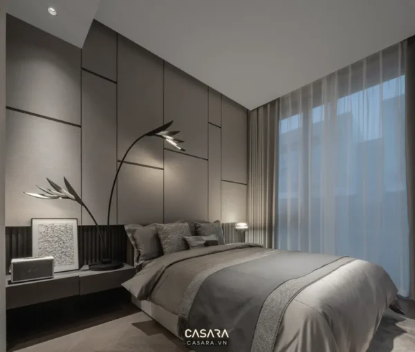 Phòng ngủ hiện đại, sang trọng với tông màu xám chủ đạo.