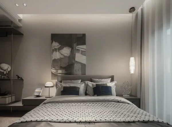 Phòng ngủ hiện đại, tối giản với tông màu trung tính ấm áp.