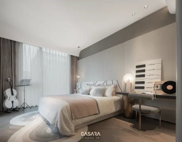Phòng ngủ hiện đại, tối giản với tông màu trung tính ấm áp.