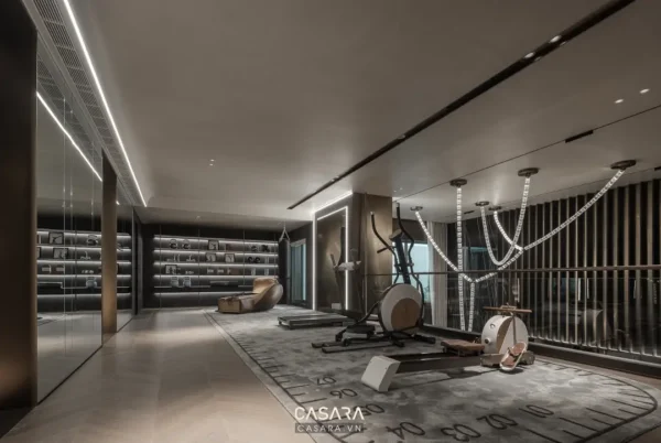 Phòng tập gym hiện đại, sang trọng với thiết bị tối thiểu.