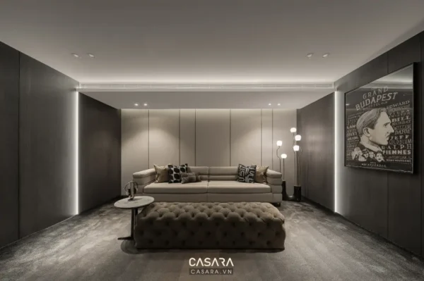 Phòng khách hiện đại, sang trọng với thiết kế tối giản, tông màu trung tính.