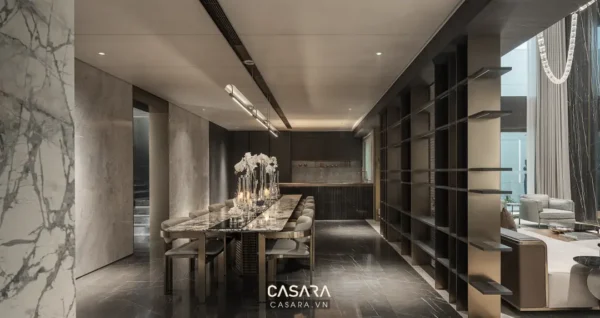 Phòng ăn và khu vực thư giãn sang trọng, hiện đại với tông màu trung tính.