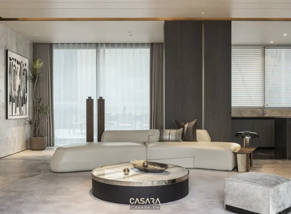 Phòng khách hiện đại, sang trọng với gam màu trung tính chủ đạo.