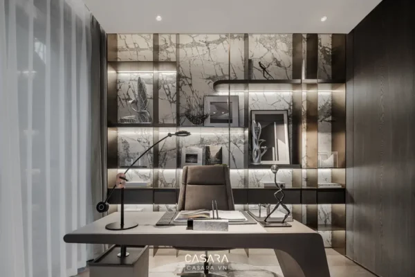 Phòng làm việc sang trọng, hiện đại với đá marble và ánh sáng tinh tế.