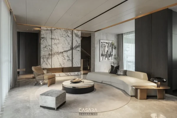Phòng khách hiện đại với nội thất tối giản, sang trọng.
