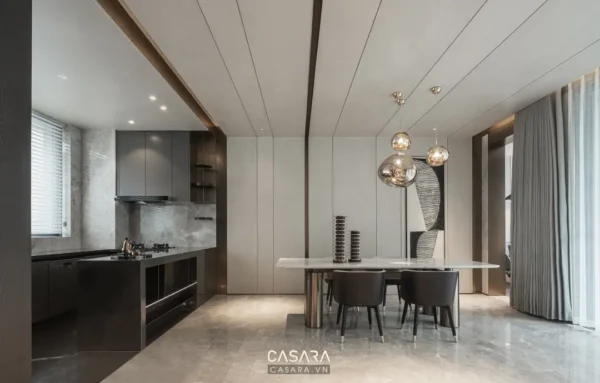 Phòng bếp-ăn hiện đại, sang trọng với tông màu trung tính chủ đạo.