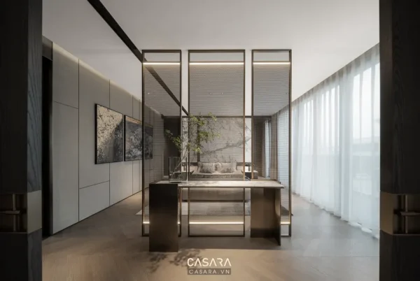 Phòng khách hiện đại với thiết kế tối giản, sang trọng.