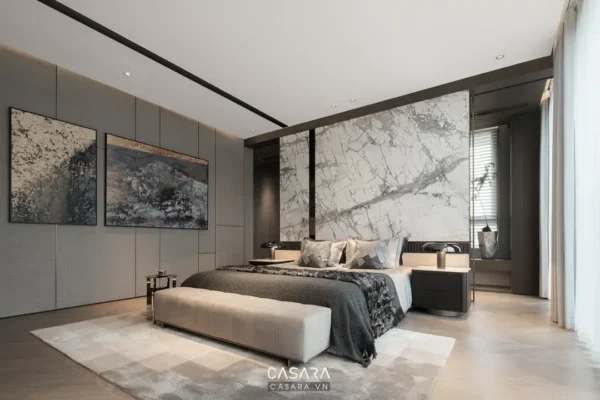 Phòng ngủ sang trọng, hiện đại với tông màu xám trắng chủ đạo.