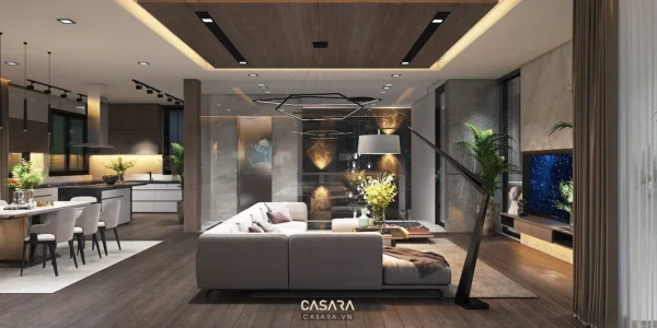 Phòng khách hiện đại, rộng rãi với thiết kế sang trọng và tinh tế.