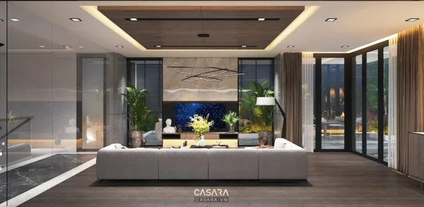 Phòng khách hiện đại, sang trọng với thiết kế tối giản, tinh tế.