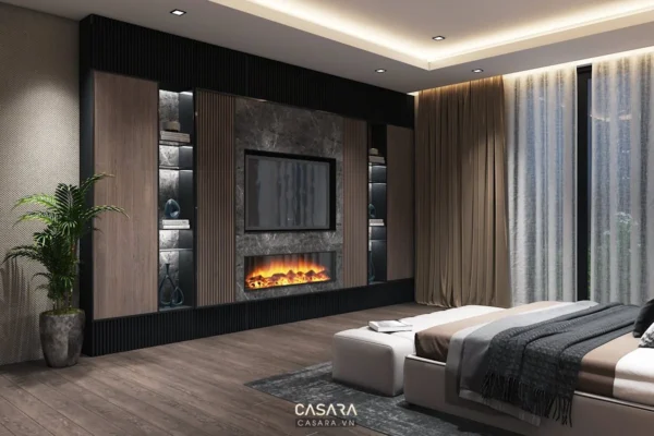 Phòng ngủ hiện đại, sang trọng với tông màu trung tính ấm áp.