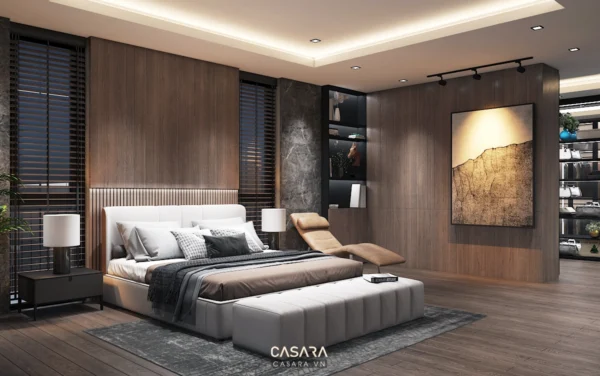 Phòng ngủ hiện đại, sang trọng với tông màu nâu ấm áp, ánh sáng dịu nhẹ.