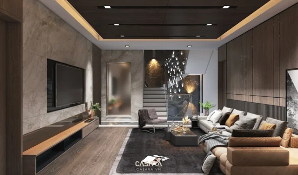 Phòng khách hiện đại, sang trọng với tông màu trầm ấm, ánh sáng tinh tế.