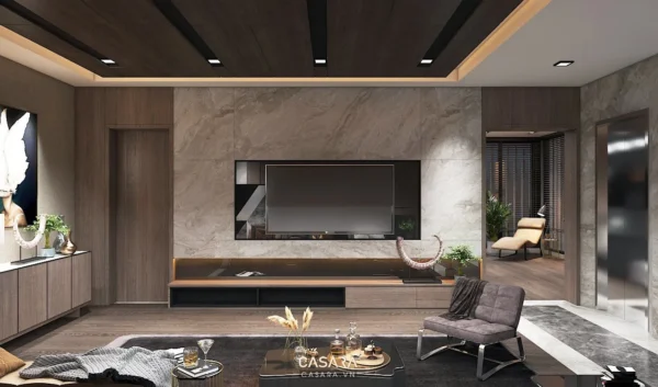 Phòng khách hiện đại, sang trọng với tông màu trung tính ấm áp.