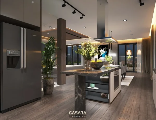 Phòng bếp hiện đại, sang trọng với thiết kế mở và nội thất tối giản.