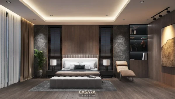 Phòng ngủ sang trọng với tông màu trung tính, gỗ và ánh sáng ấm áp.