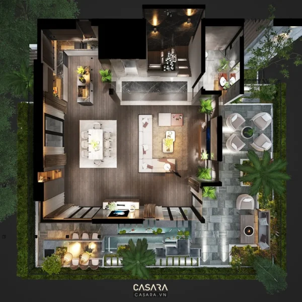 Bản vẽ mặt bằng kiến trúc hiện đại, sang trọng với nhiều không gian mở.