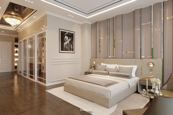 Phòng ngủ tân cổ điển sang trọng với giường lớn và ánh sáng ấm áp.