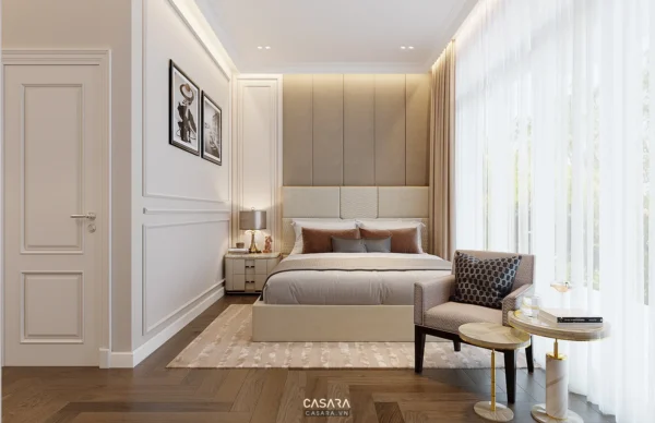 Phòng ngủ tân cổ điển sang trọng, ấm cúng với gam màu trung tính.