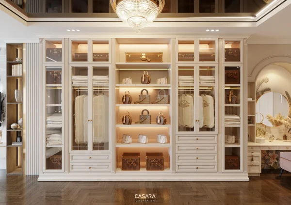 Tủ quần áo trắng tinh tế, sang trọng trong không gian nội thất cao cấp.