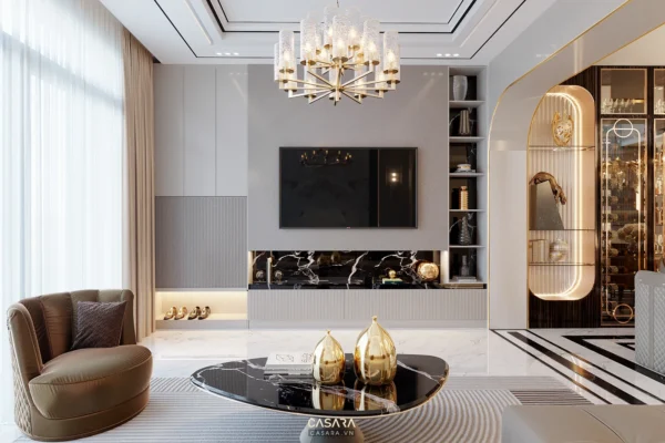 Phòng khách sang trọng với đèn chùm và nội thất hiện đại.