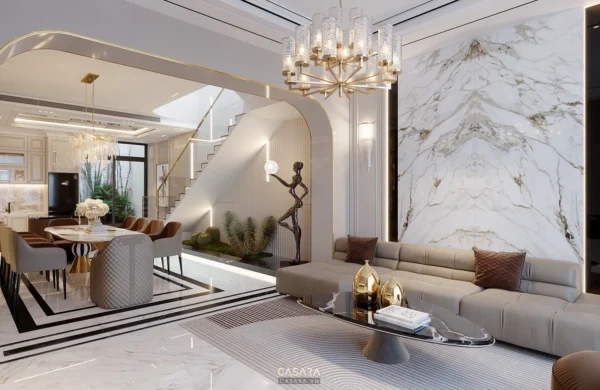 Phòng khách hiện đại, sang trọng với nội thất tinh tế, ánh sáng ấm áp.