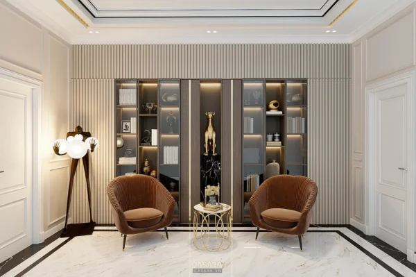 Phòng khách sang trọng với kệ sách âm tường và ghế bọc da.