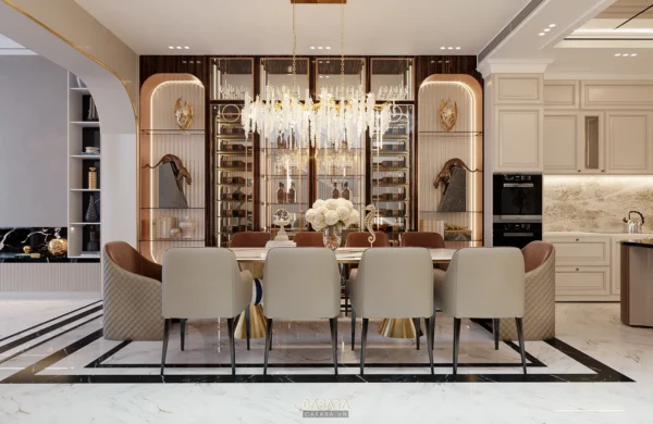 Phòng ăn sang trọng với đèn chùm pha lê và tủ rượu lớn.