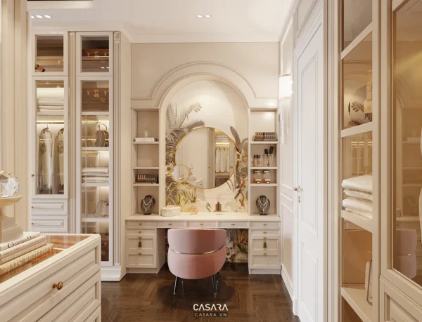 Phòng thay đồ sang trọng, thiết kế tinh tế với tủ âm tường và bàn trang điểm.