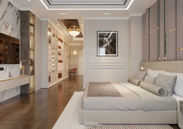 Phòng ngủ sang trọng, hiện đại với nội thất tinh tế, ánh sáng ấm áp.