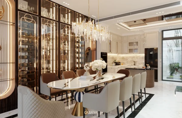 Phòng bếp-ăn sang trọng, hiện đại với nội thất tông vàng-trắng chủ đạo.
