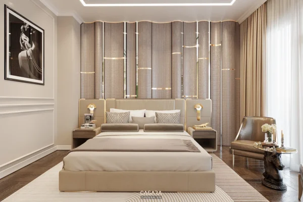 Phòng ngủ sang trọng, ấm cúng với gam màu trung tính tinh tế.