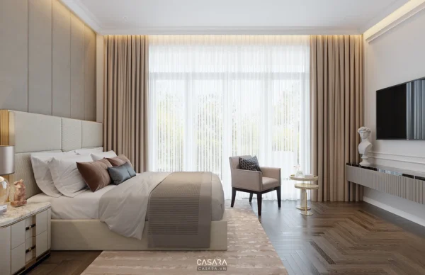 Phòng ngủ sang trọng, ấm cúng với tông màu trung tính, ánh sáng dịu nhẹ.