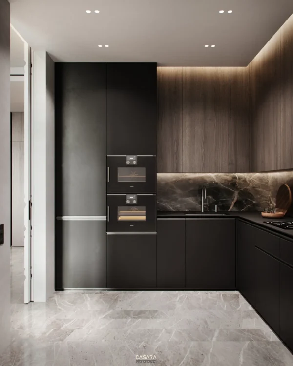 Phòng bếp hiện đại, tối giản với tông màu đen và xám chủ đạo.