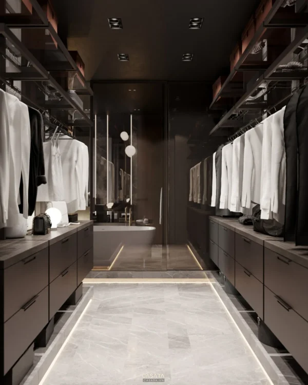 Phòng thay đồ sang trọng với ánh sáng ấm áp và thiết kế tối giản.