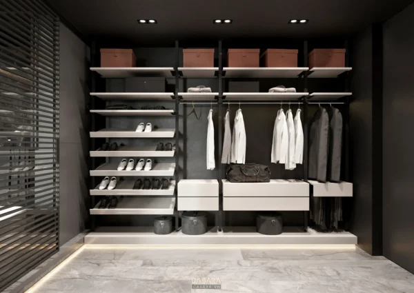 Tủ quần áo hiện đại, sang trọng với tông màu đen trắng chủ đạo.