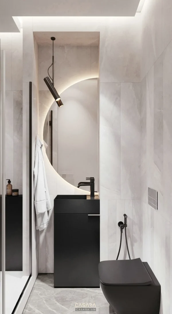 Phòng tắm hiện đại tối giản với ánh sáng vàng ấm áp, sang trọng.