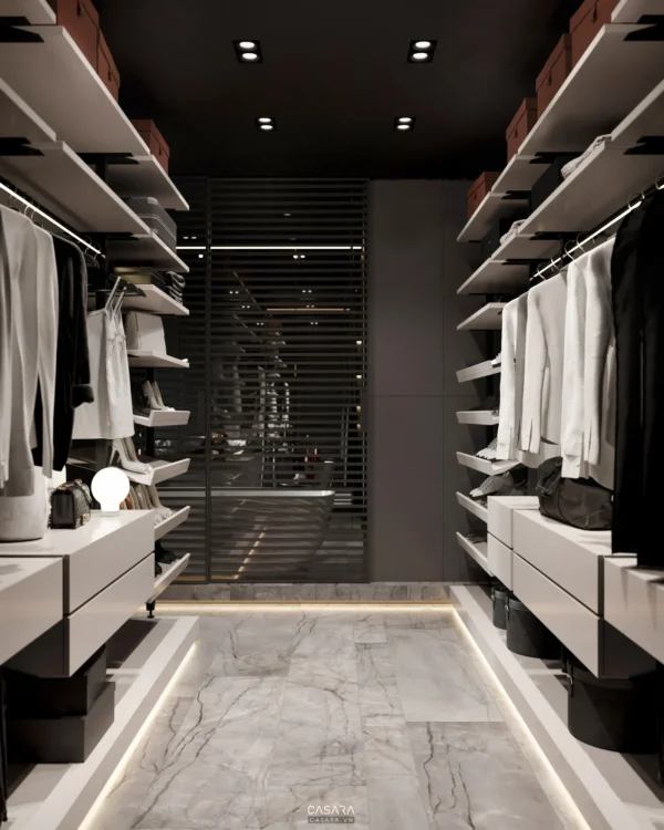 Phòng thay đồ hiện đại, sang trọng với thiết kế tối giản, tinh tế.