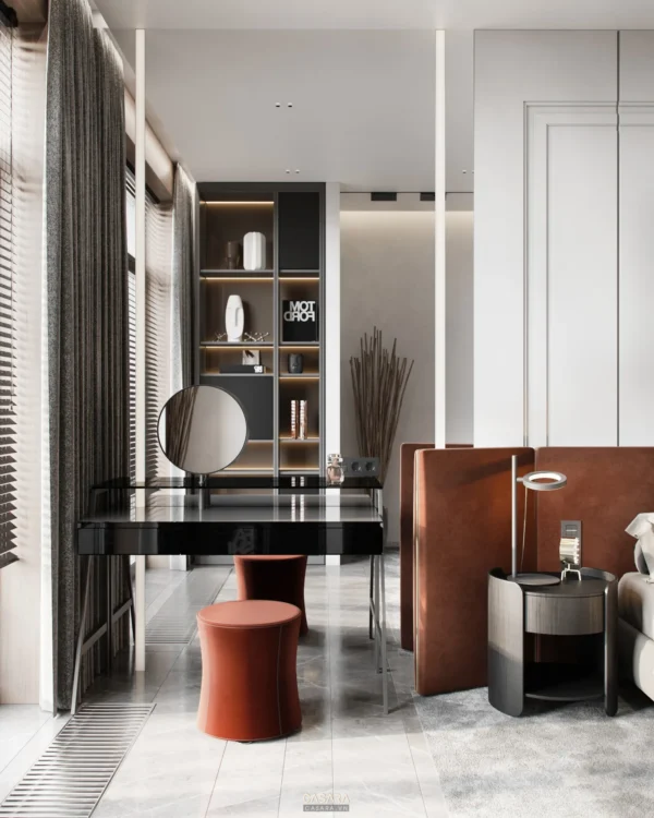 Góc trang điểm hiện đại, sang trọng với tông màu trầm ấm.