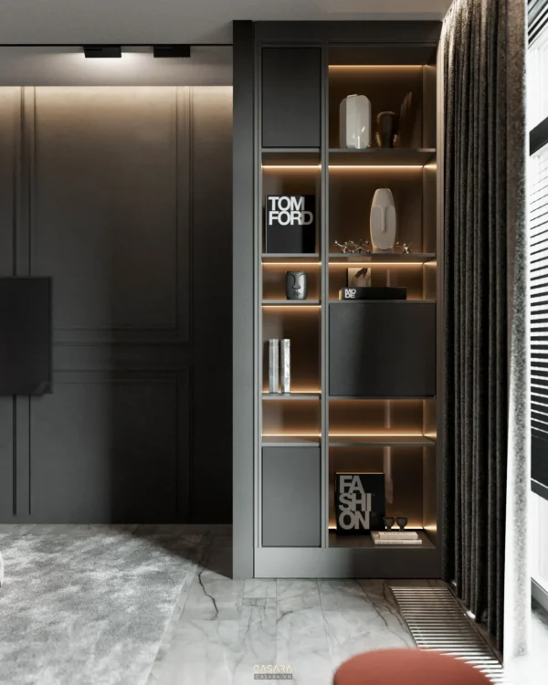 Nội thất phòng ngủ hiện đại với tủ kệ trang trí đen sang trọng.