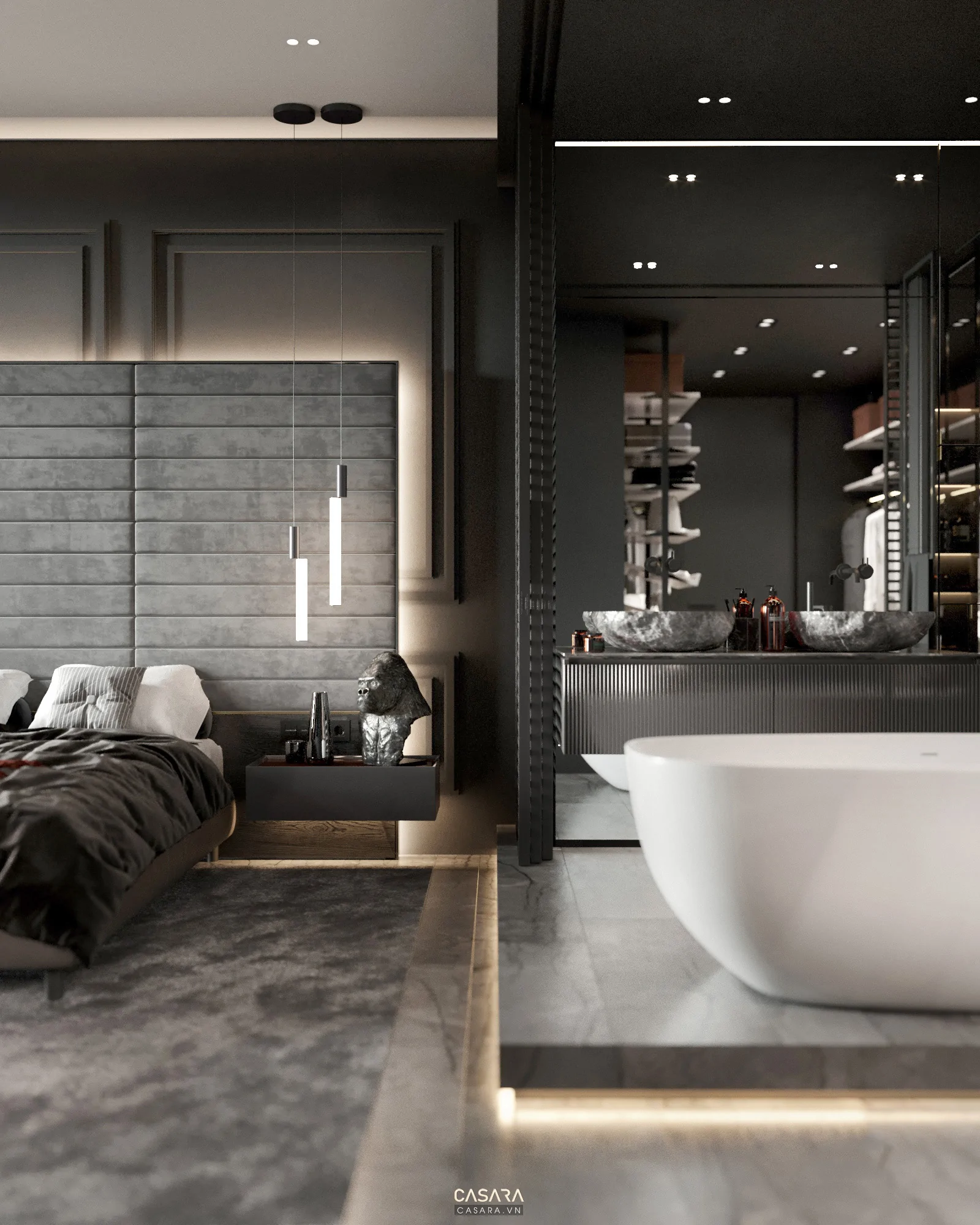 Nội thất luxury phòng ngủ master với giường bọc nệm, vách đầu giường gỗ và nỉ, đèn đọc sách hai bên, tủ đầu giường và rèm sáng màu