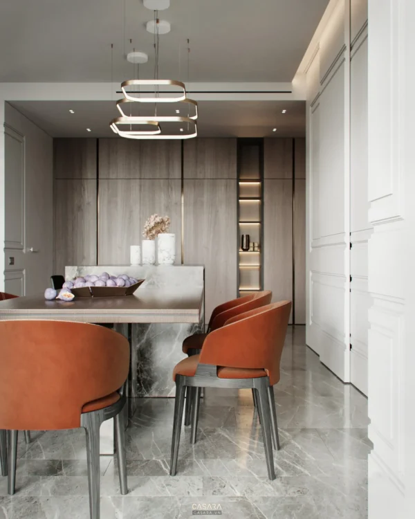 Phòng ăn tối giản, hiện đại với nội thất màu cam đất nổi bật.